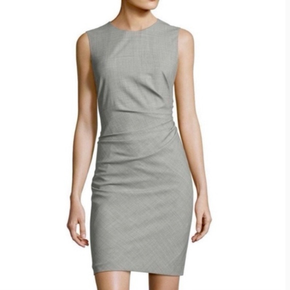 Theory Shaylee Sevona Stretch Wool Sleeveless Ruched Sheath Dress Heather Gray 4